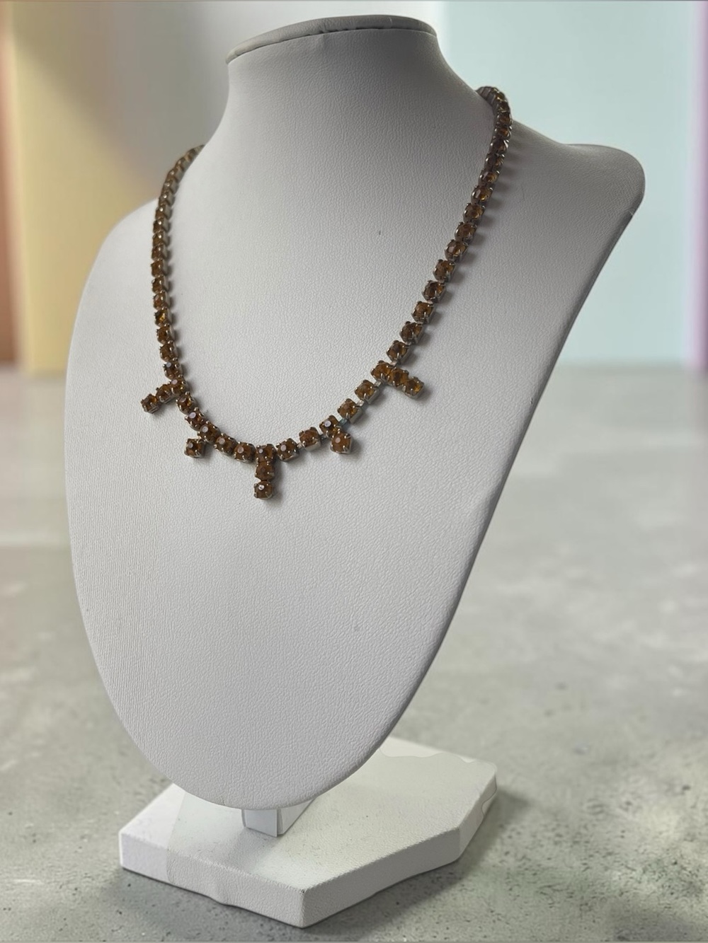 Vintage Prong Set Amber Rhinestone Silver Tone Statement Bib Necklace